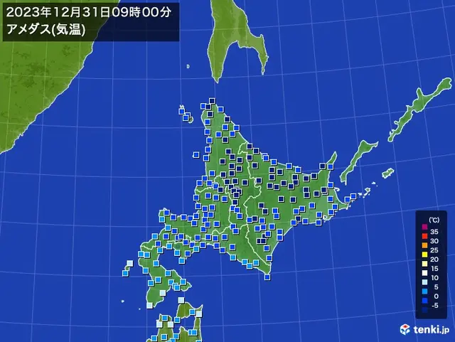 北海道地方のアメダス実況(気温) - 過去の天気 2023年12月31日