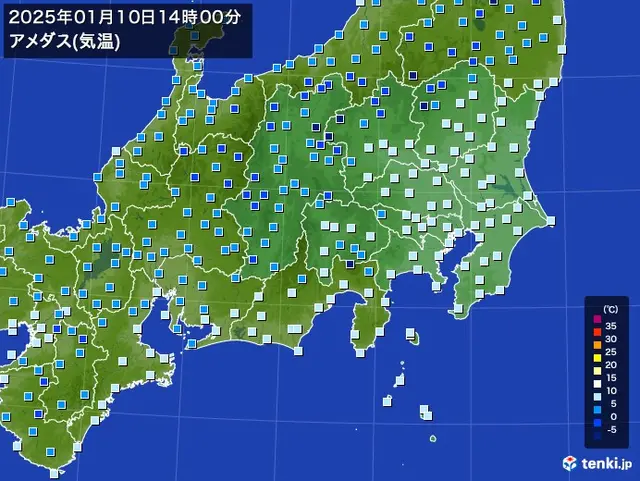 関東・甲信地方のアメダス実況(気温) - 過去の天気 2025年01月10日 - 日本気象協会 tenki.jp