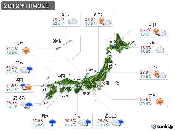 過去の天気 実況天気 19年10月02日 日本気象協会 Tenki Jp