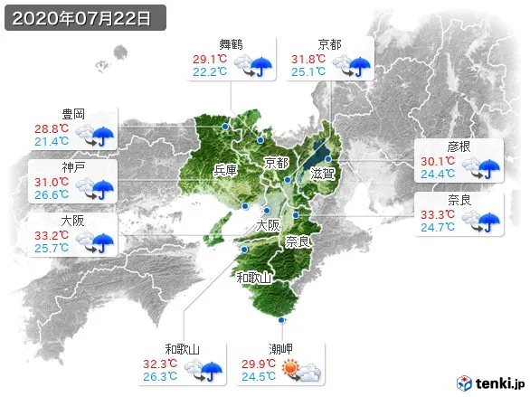 近畿地方の過去の天気 実況天気 年07月22日 日本気象協会 Tenki Jp